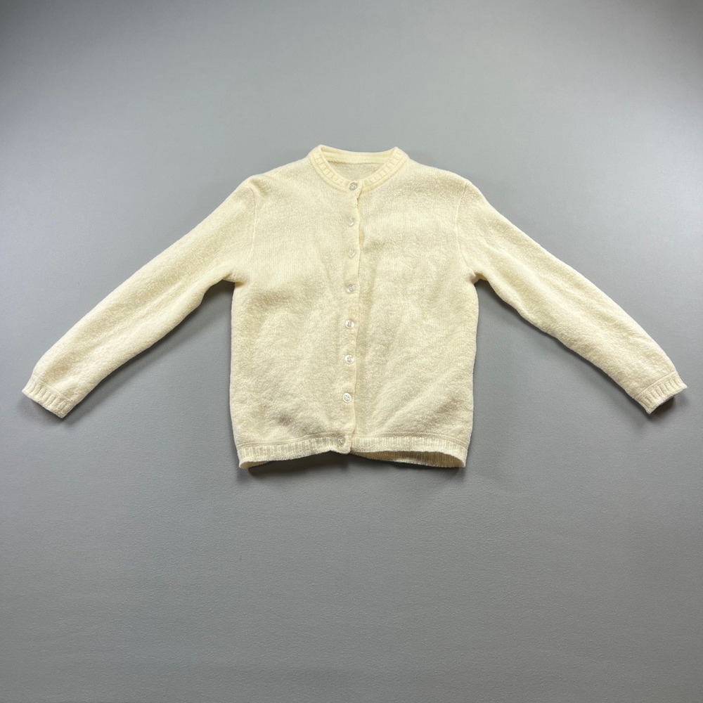 Vintage Womens Cardigan Sweater XS Beige Knit Textured Winter Classic Crew Neck